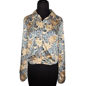 DREW Cropped Floral Button Up Blouse Small Silky Gathered Front Hem Long Sleeve